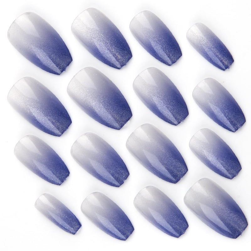 CTTHNBD Coffin Press on Nails Medium - Blue Fake Nails with Ombre Glitter Deisgn - Gloosy Full Cover Stick on False Nails - for Women 24 Pcs - Image 3
